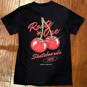 Vintage Black Route One Skateboarders 1989 Graphic Cherry Print Organic T-Shirt